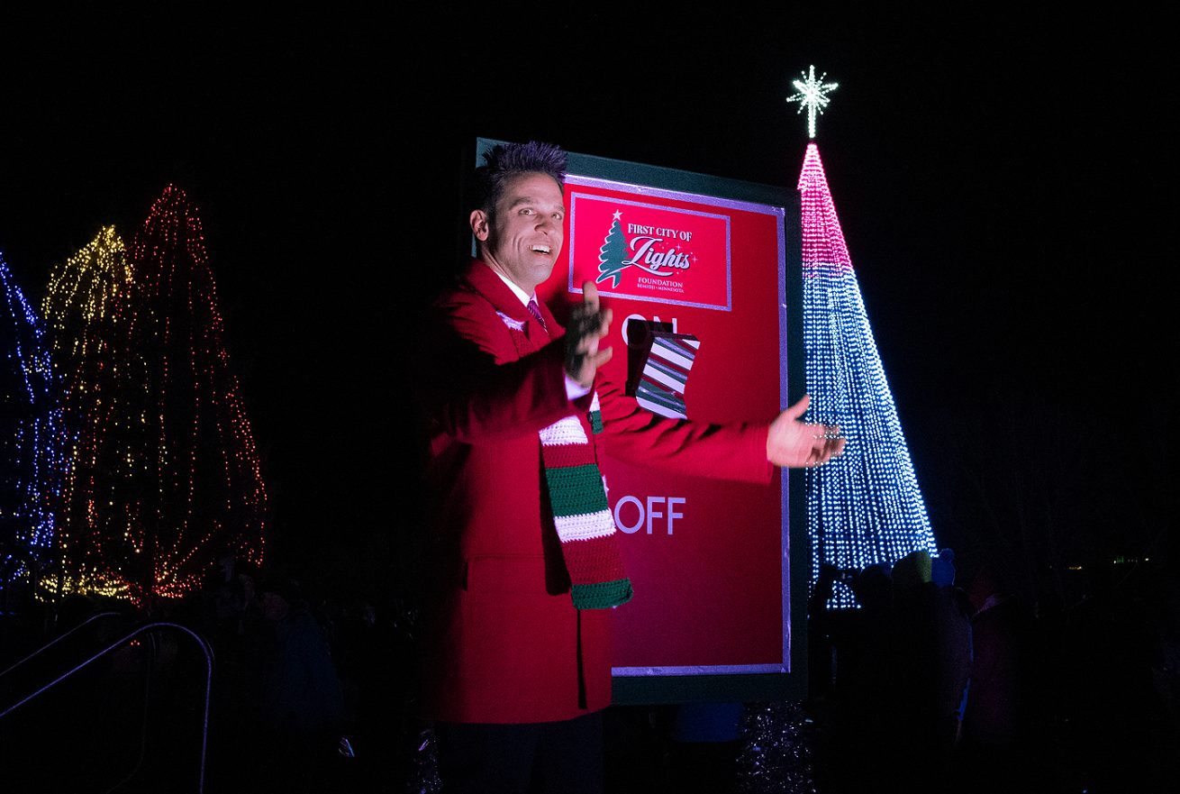 First City Of Lights light switch to illuminate the lights and mega pixel tree in the park.